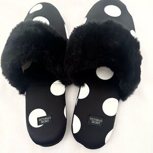 Victoria's Secret Signature Satin Black and White Polka Dot Satin Slippers